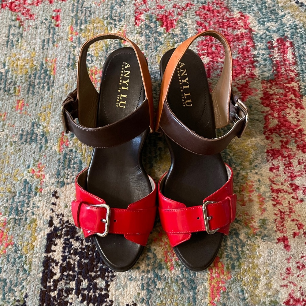 Anyi Lu Red and Brown Leather Women's Sandals